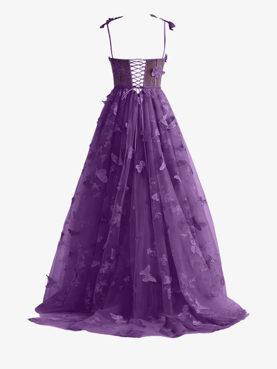 Purple A line Butterfly Lace Lilac Corset Prom Dress with Slit