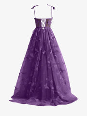 Purple A line Butterfly Lace Lilac Corset Prom Dress with Slit