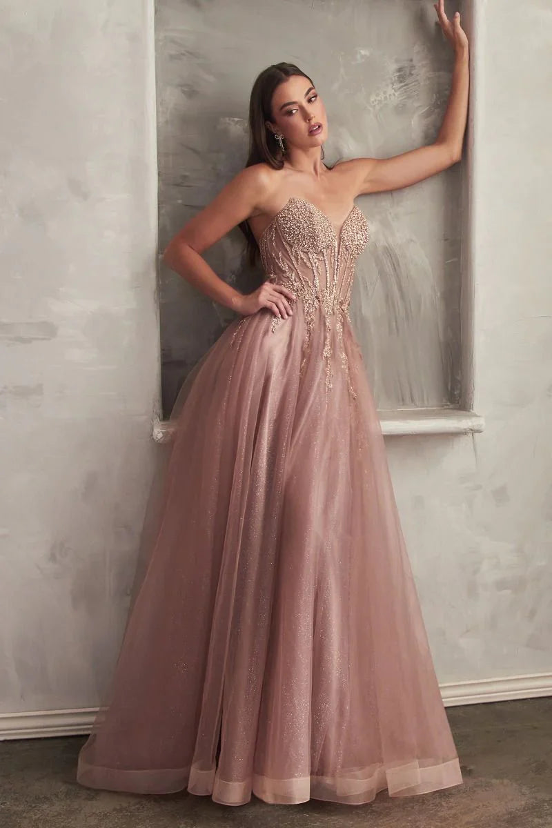 Marisol Gown Pearl Beaded Glitter Tulle Ball Gown