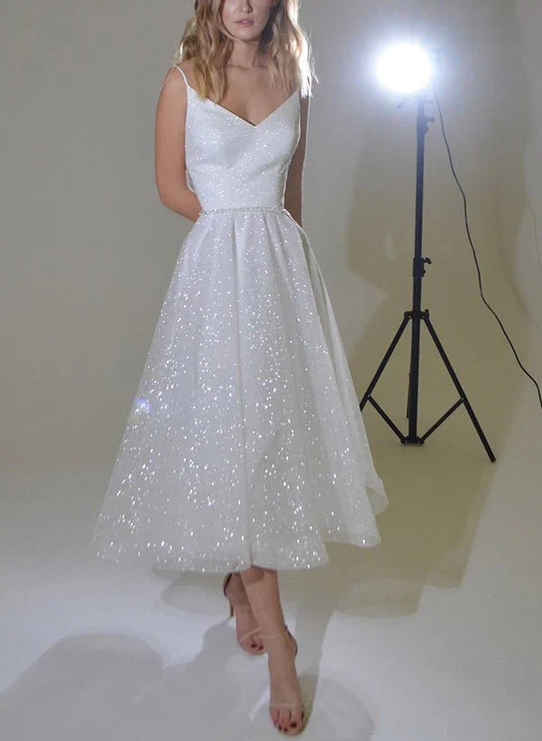 Shiny A Line V Neck Sleeveless Little White Sequined Wedding Dresses