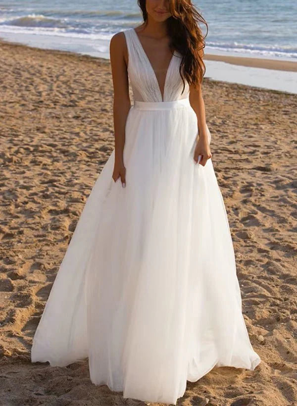 A Line Deep V neck Sleeveless Sweep Train Tulle Beach Wedding Dresses