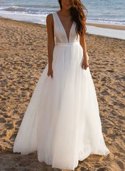 A Line Deep V neck Sleeveless Sweep Train Tulle Beach Wedding Dresses