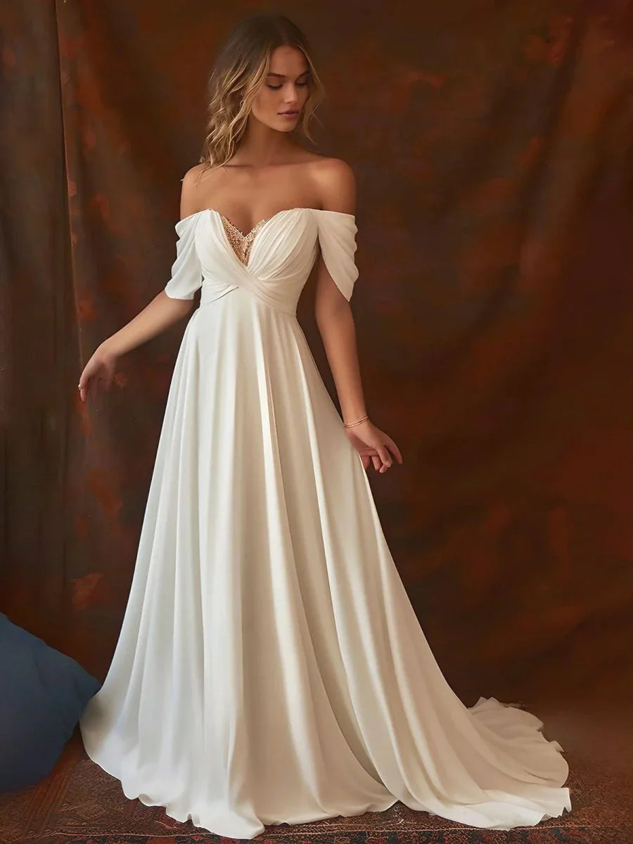 A Line Chiffon Sleeveless Off the Shoulder Wedding Dress with Ruching Floor Length
