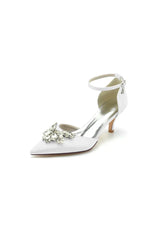 Pointed Toe Satin Kitten Heels With Rhinestone