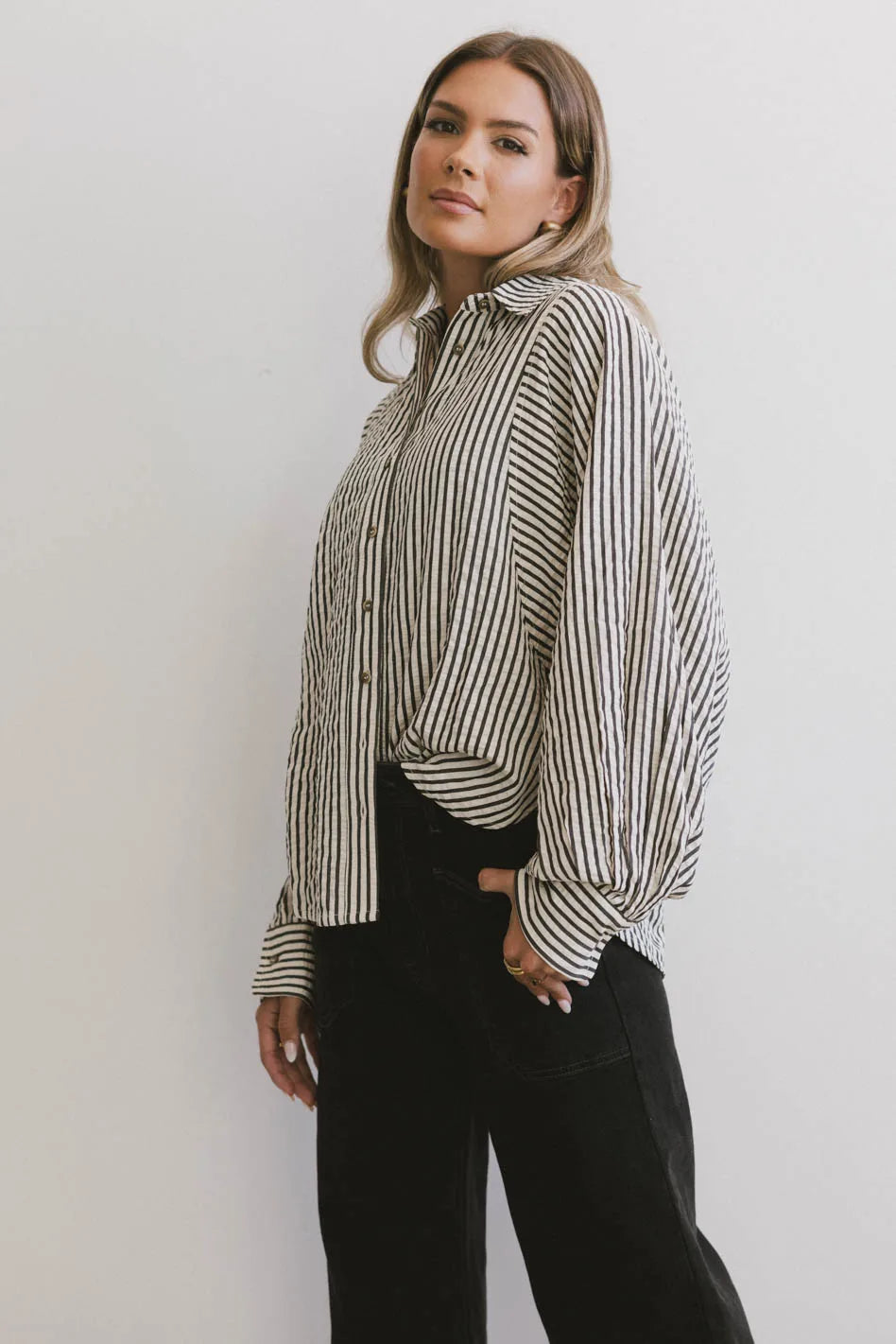 Niri Striped Button Up in Charcoal FINAL SALE