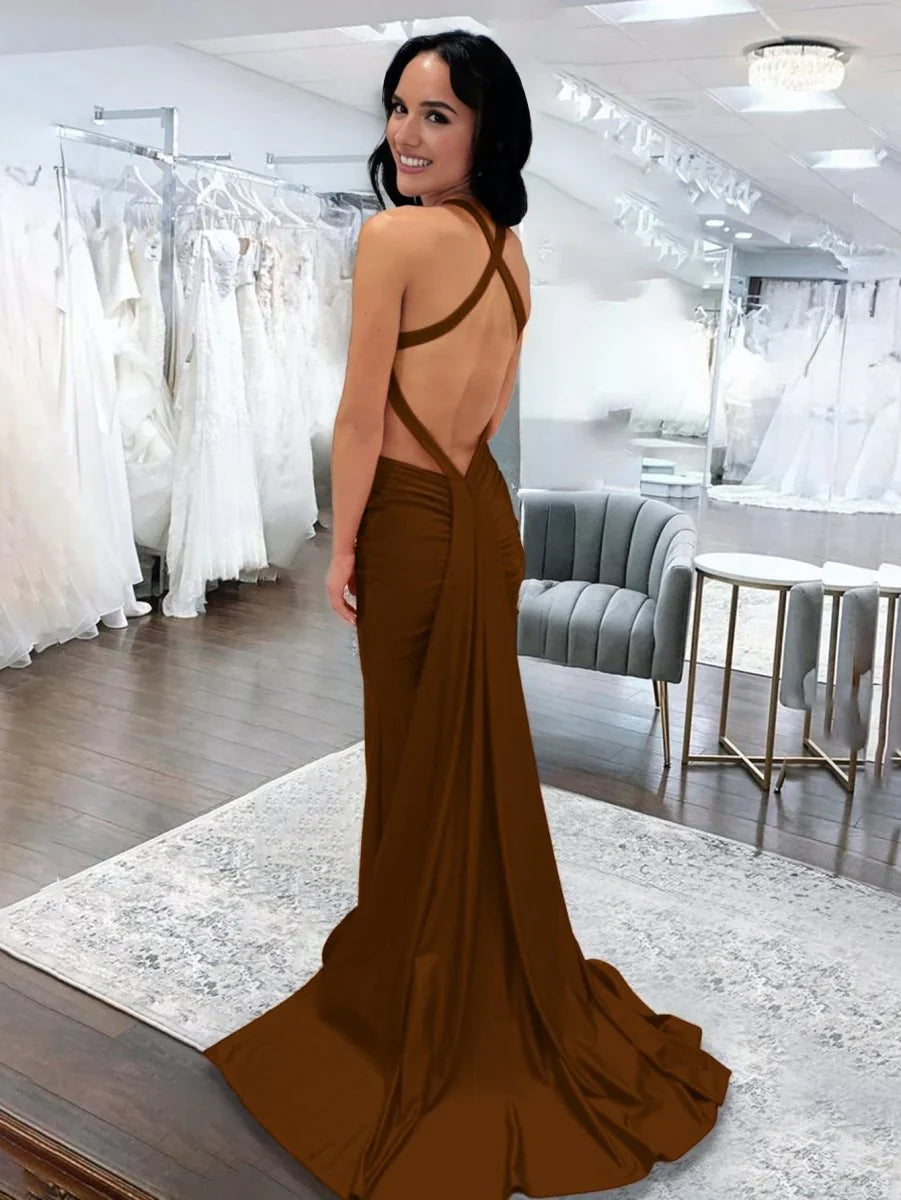 Angela Mermaid Pink V Neck Backless Satin Long Prom Dress