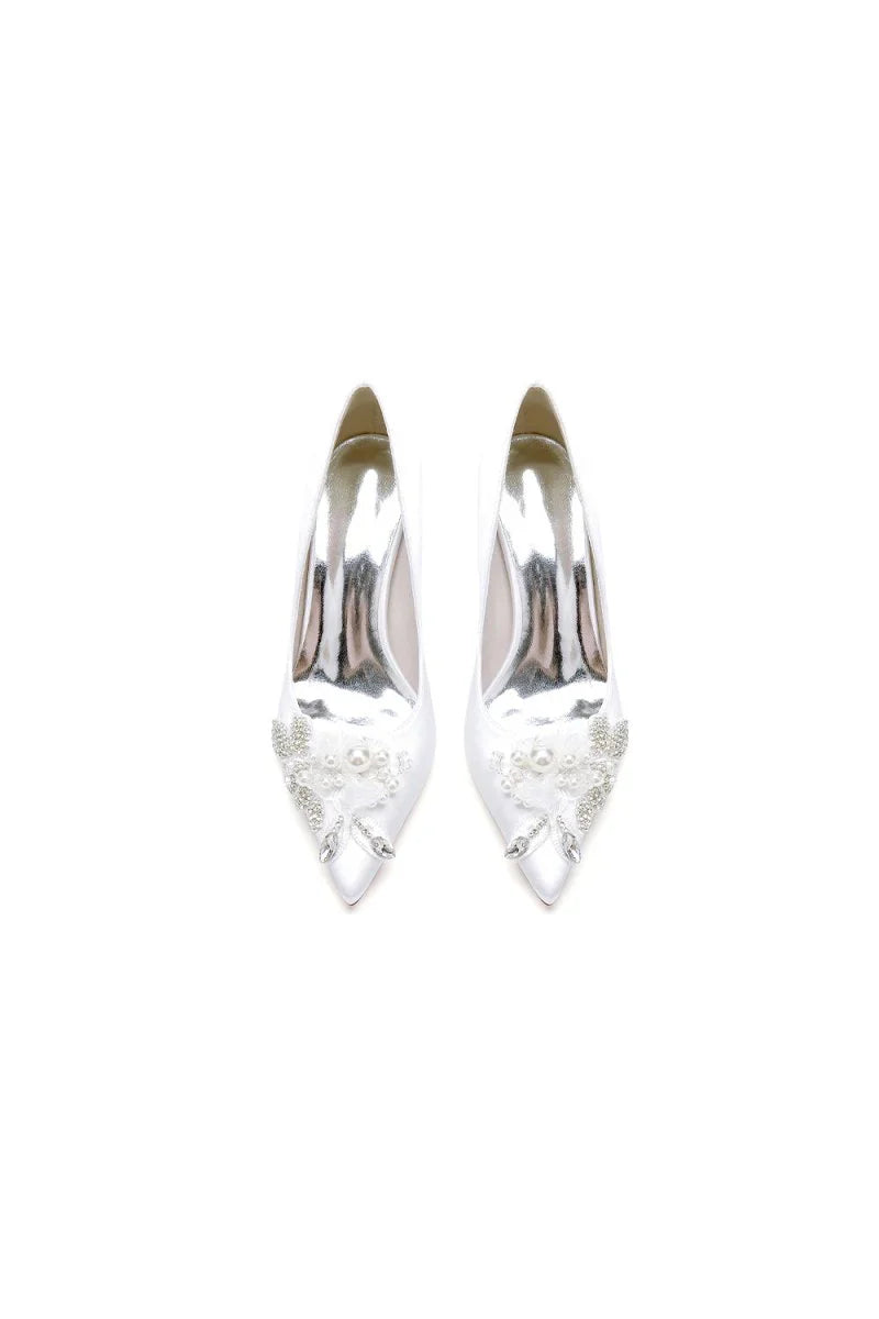 Floral Beading Pointed Toe Satin Kitten Heels