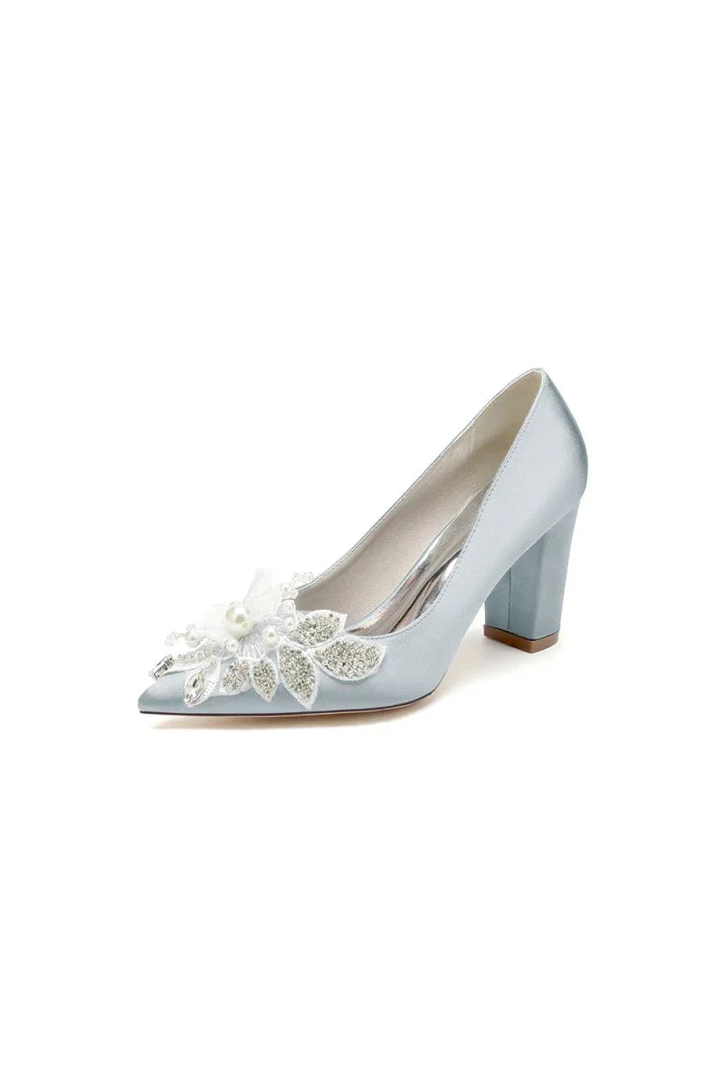 Floral Beaded Pointed Toe Chunky Heel