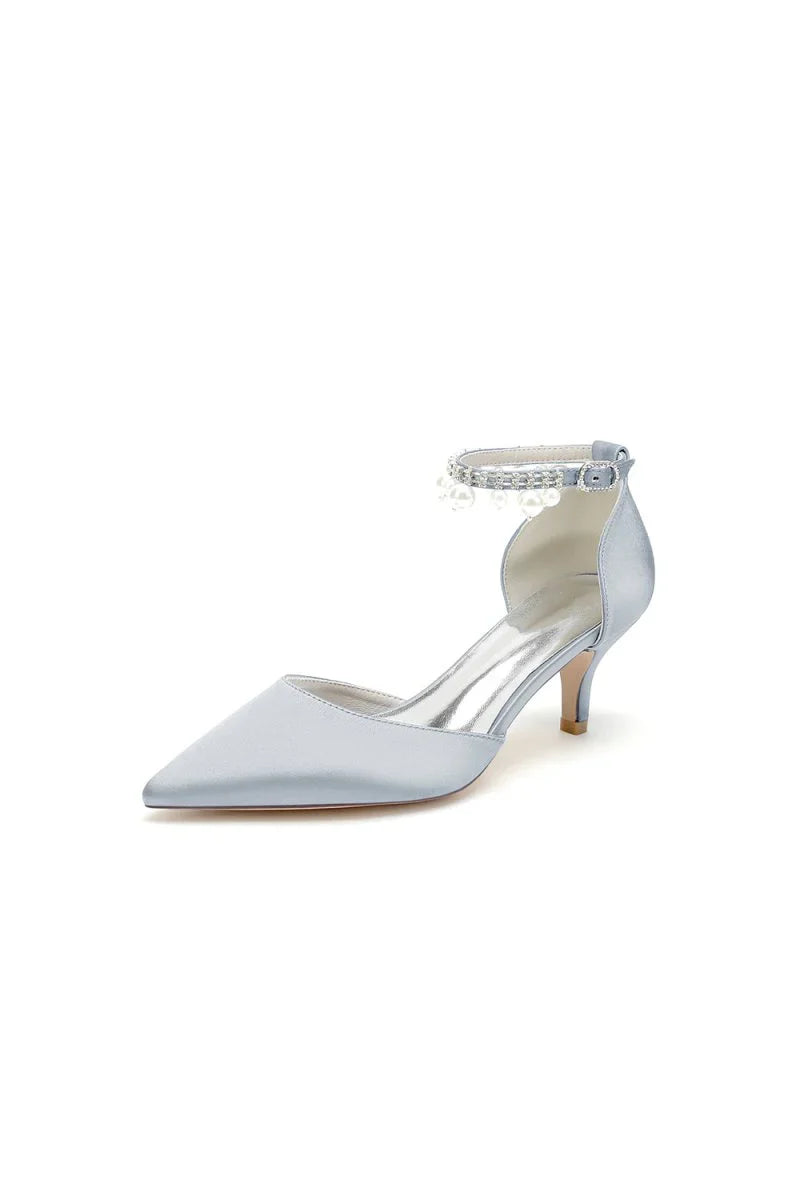 Pointed Toe Pearl Strap Kitten Heels