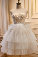 White Tulle 3D Floral Lace A Line Tiered Homecoming Dress