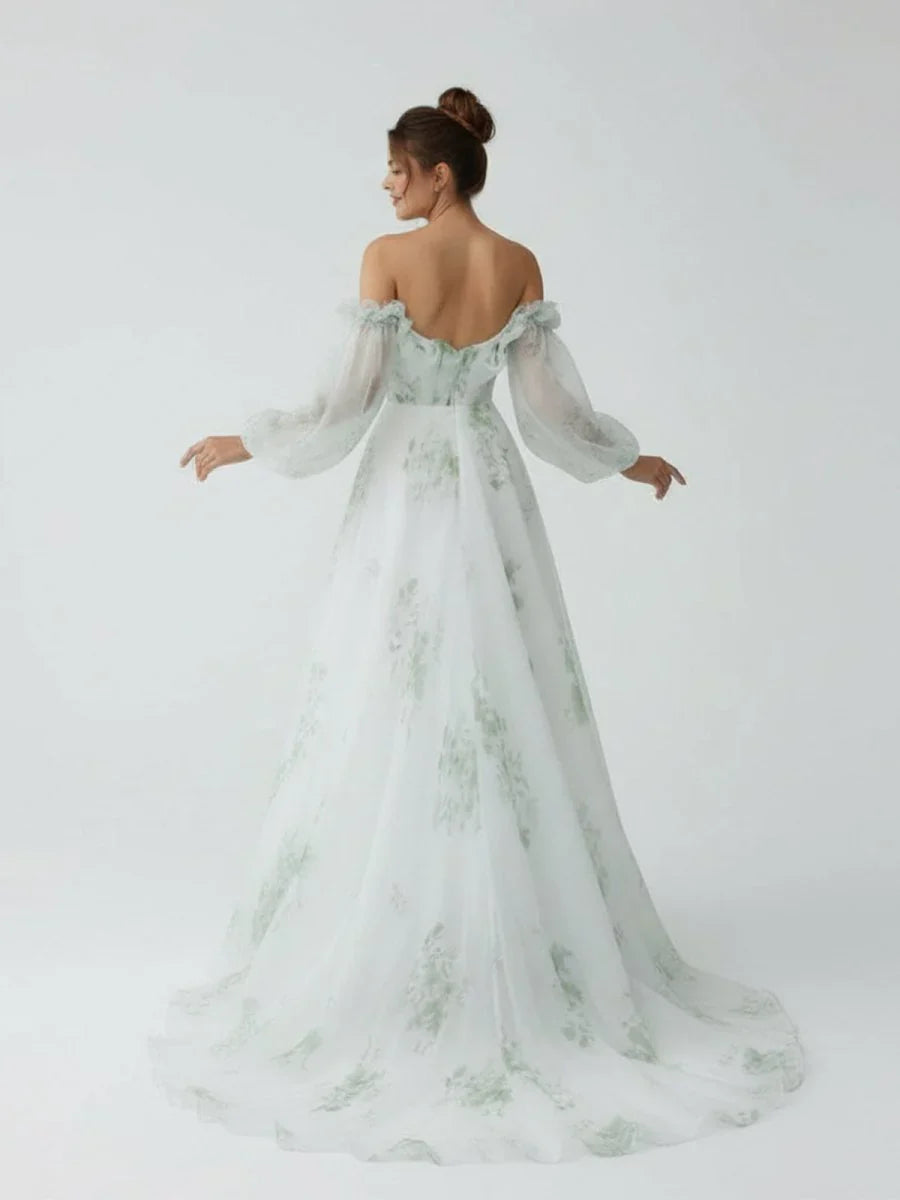 A Line Floral Appliqued Majesty Bridal Wedding Dress with Ruffles