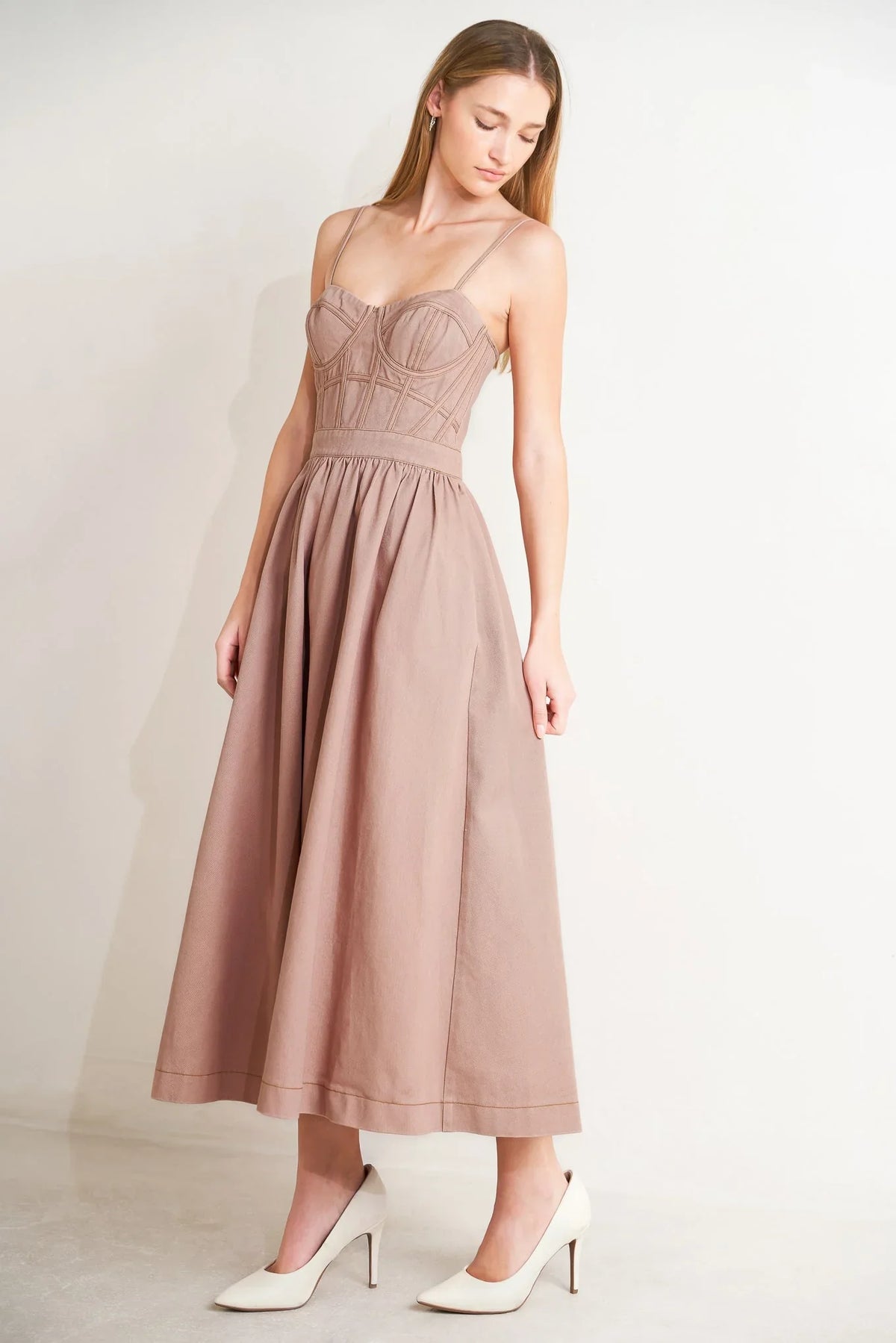 UNDERSTATED GLAM BUSTIER MIDI DRESS