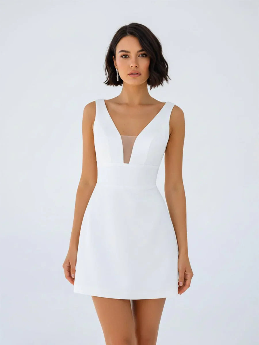 A Line V Neck Sleeveless Short Mini Satin Wedding Dresses