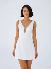 A Line V Neck Sleeveless Short Mini Satin Wedding Dresses