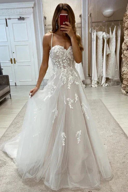 Sweetheart Spaghetti Straps Tulle A Line With Train Wedding Dress