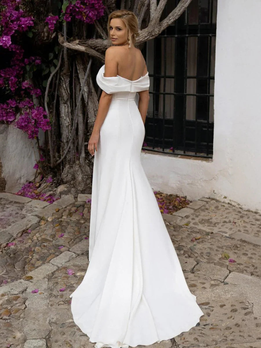 Mermaid Satin Off the Shoulder Sheath Wedding Dress with Zipper and Slit