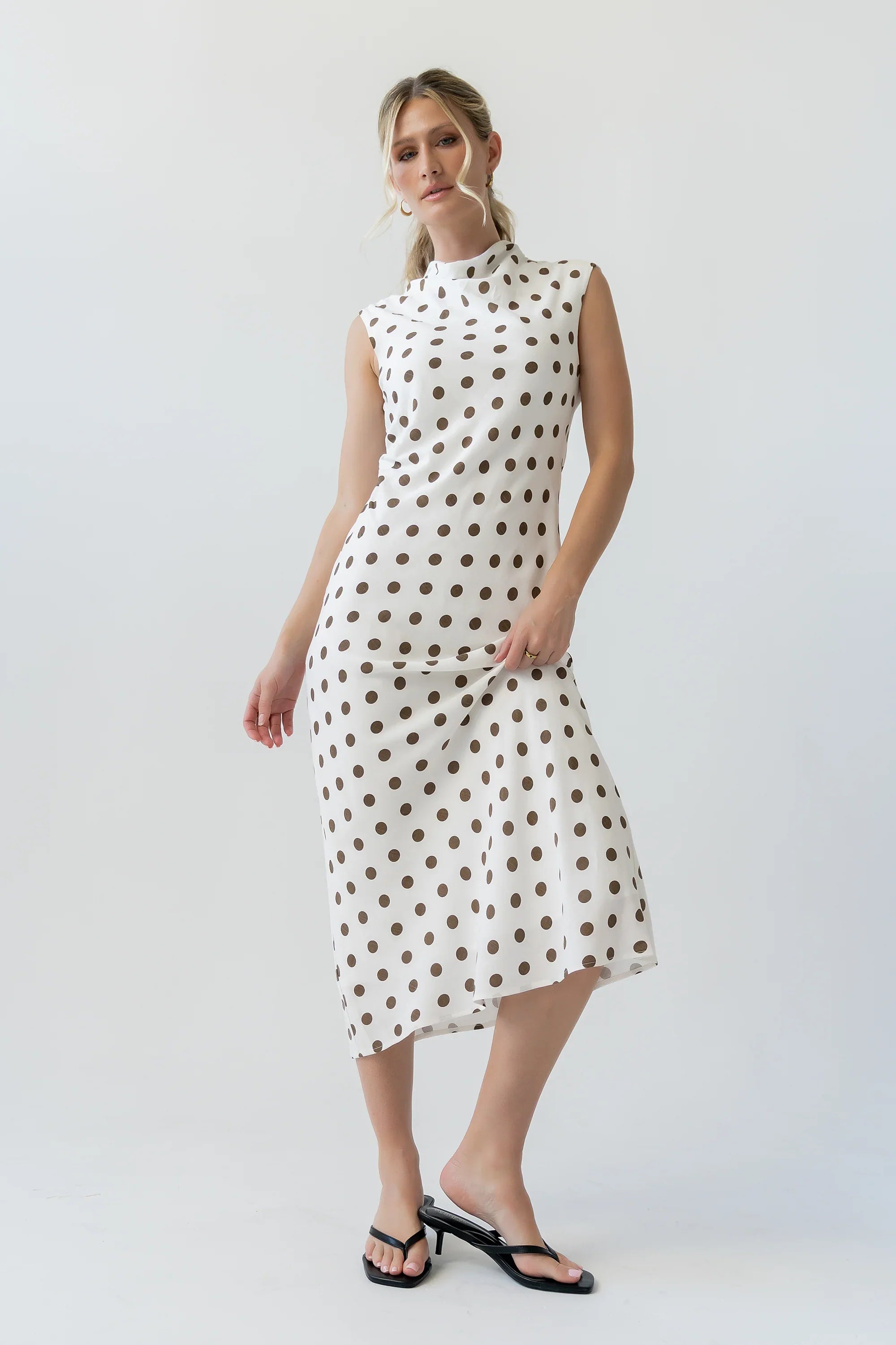 Tiffany Polka Dot Mock Neck Midi Dress