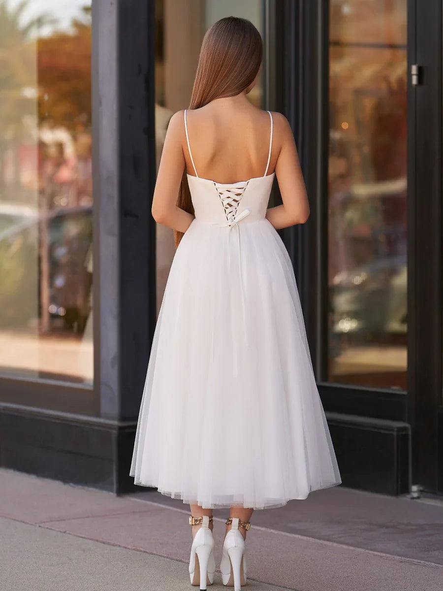 A Line Spaghetti Straps White Satin Tulle Tea Length Wedding Dresses