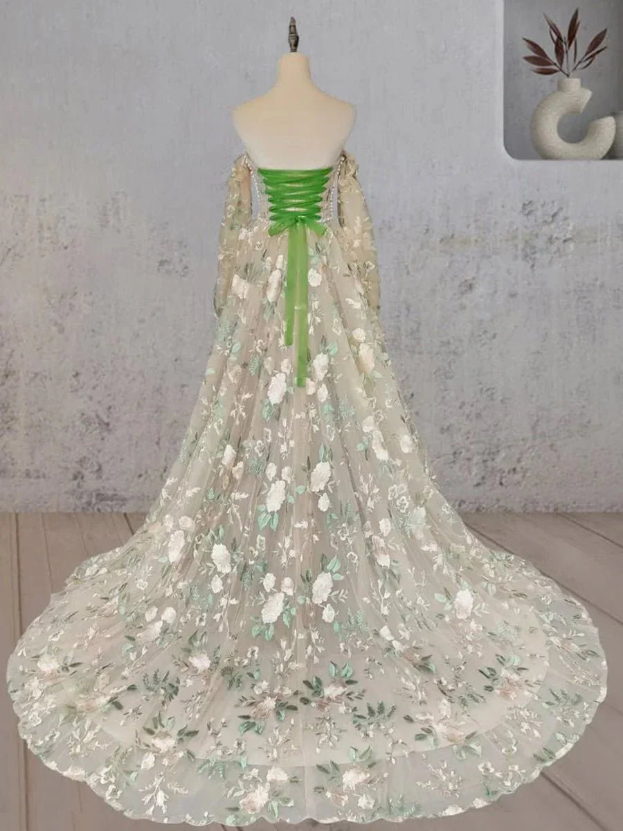 A Line Light Green Sweetheart Pearl Wedding Dress