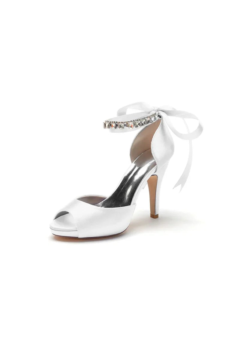 Peep Toe Stiletto Heels with Ankle Rhinestone Strap