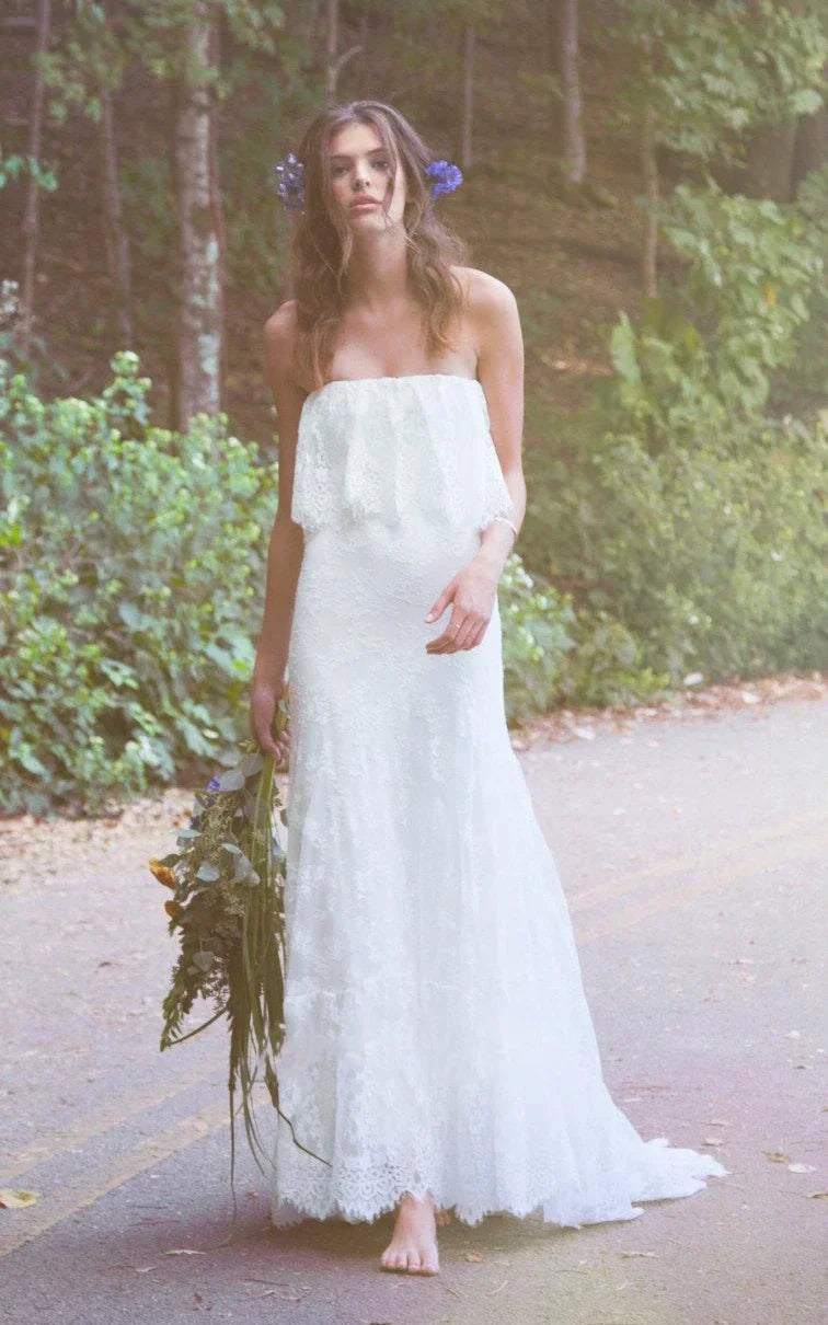 Off Shoulder Long Mermaid Lace Boho Wedding Dress With Ruffles