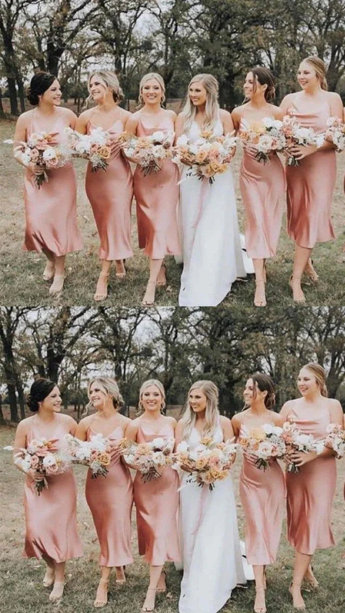 Spaghetti Straps Cowl Neck Tea Length Champagne Sheath Bridesmaid Dress