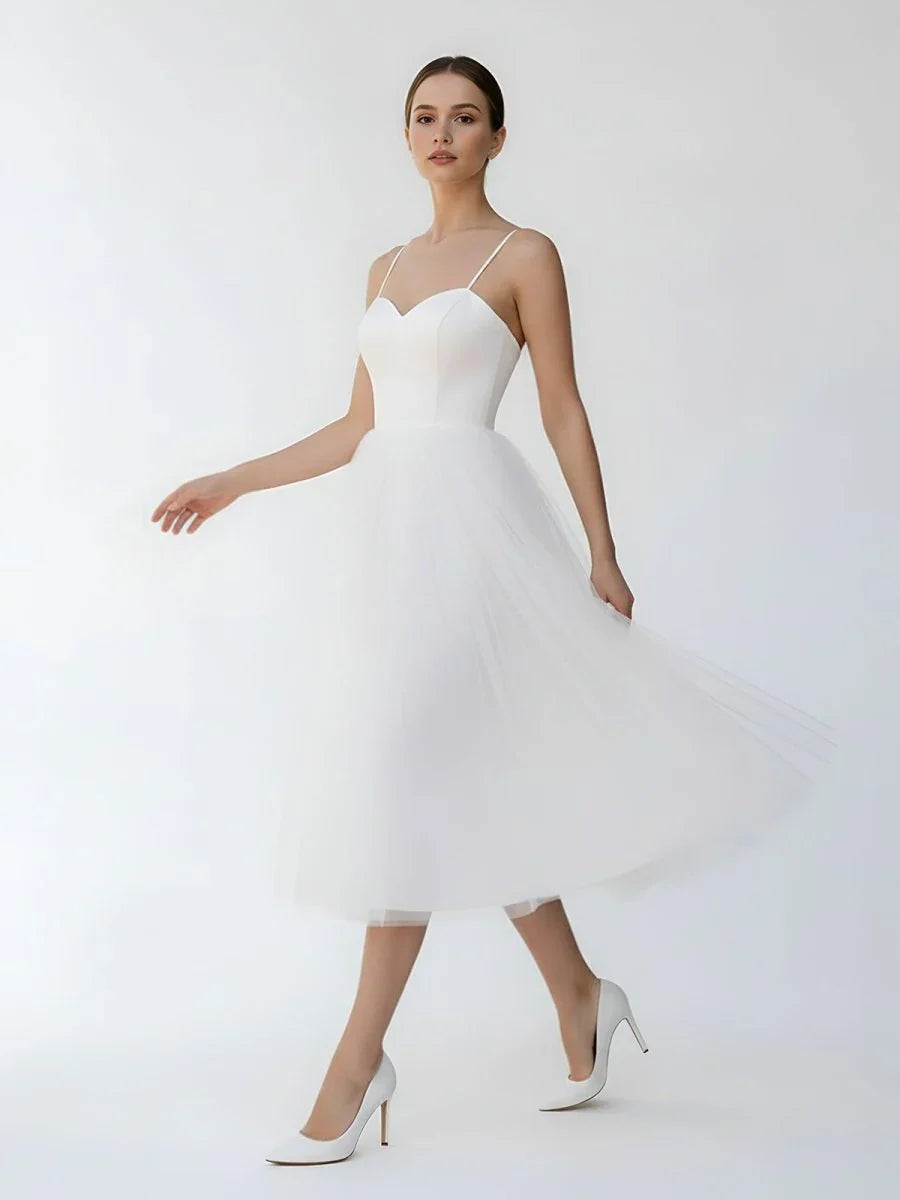 A Line Spaghetti Straps White Satin Tulle Tea Length Wedding Dresses