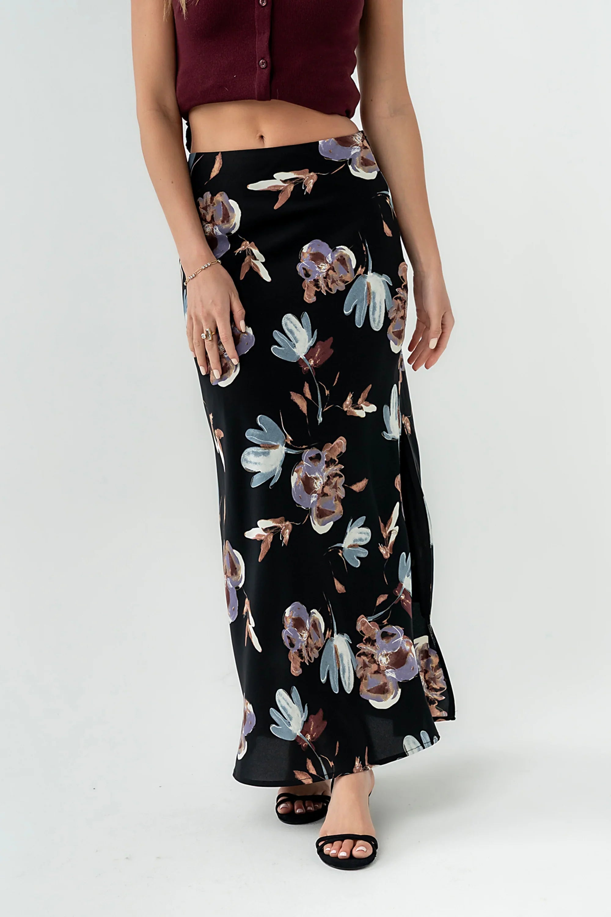 Eden Floral Midi Skirt in Black