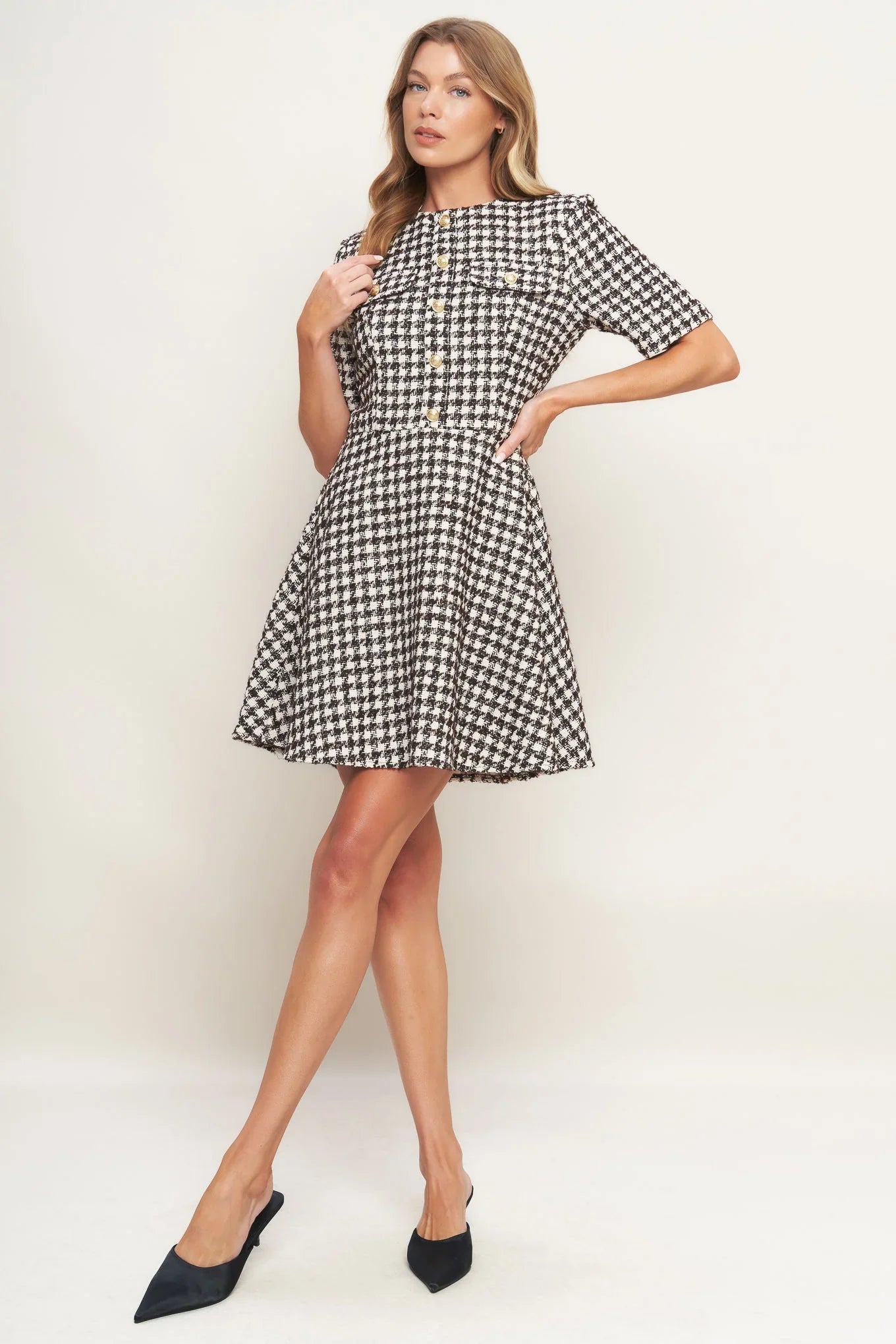 ELEGANT CHECK BROWN TWEED MINI DRESS