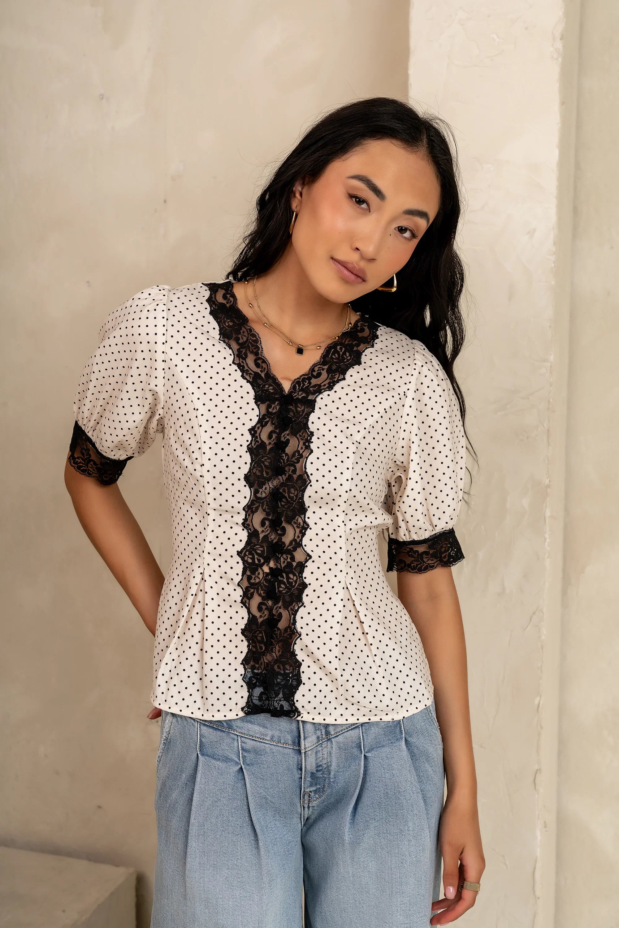 Angie Lace Trim Blouse in Cream FINAL SALE