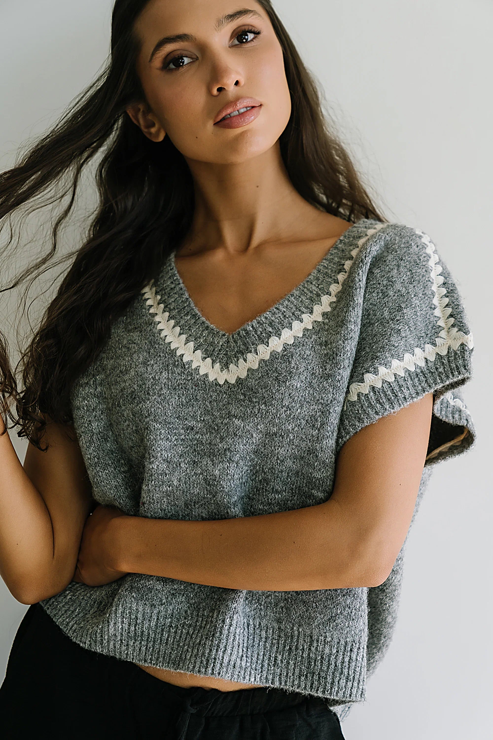 Hazel Embroidered Sweater Top in Grey FINAL SALE