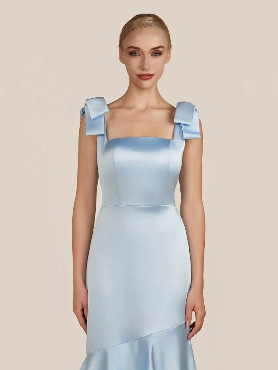 Light Blue Straps with Bows Mermaid Satin Tiered Long Bridesmaid Dress