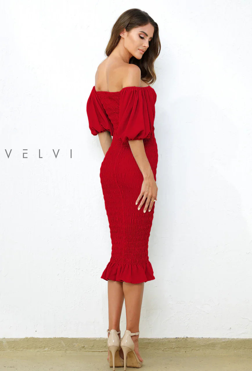 Skyla Shirred Midi Dress RED