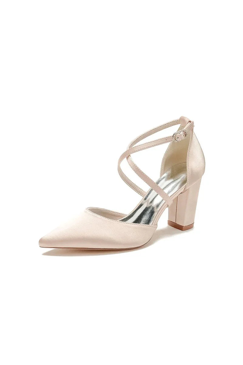White Satin Pump with Cross Strap and Metal Accent
