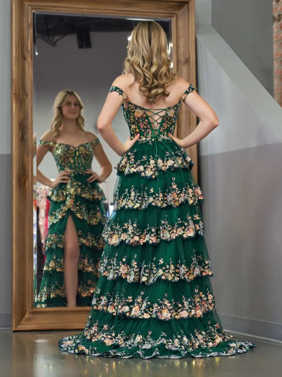 Green Crystal Sequins Princess A Line Off the Shoulder Prom Dress with Lace Ruffles