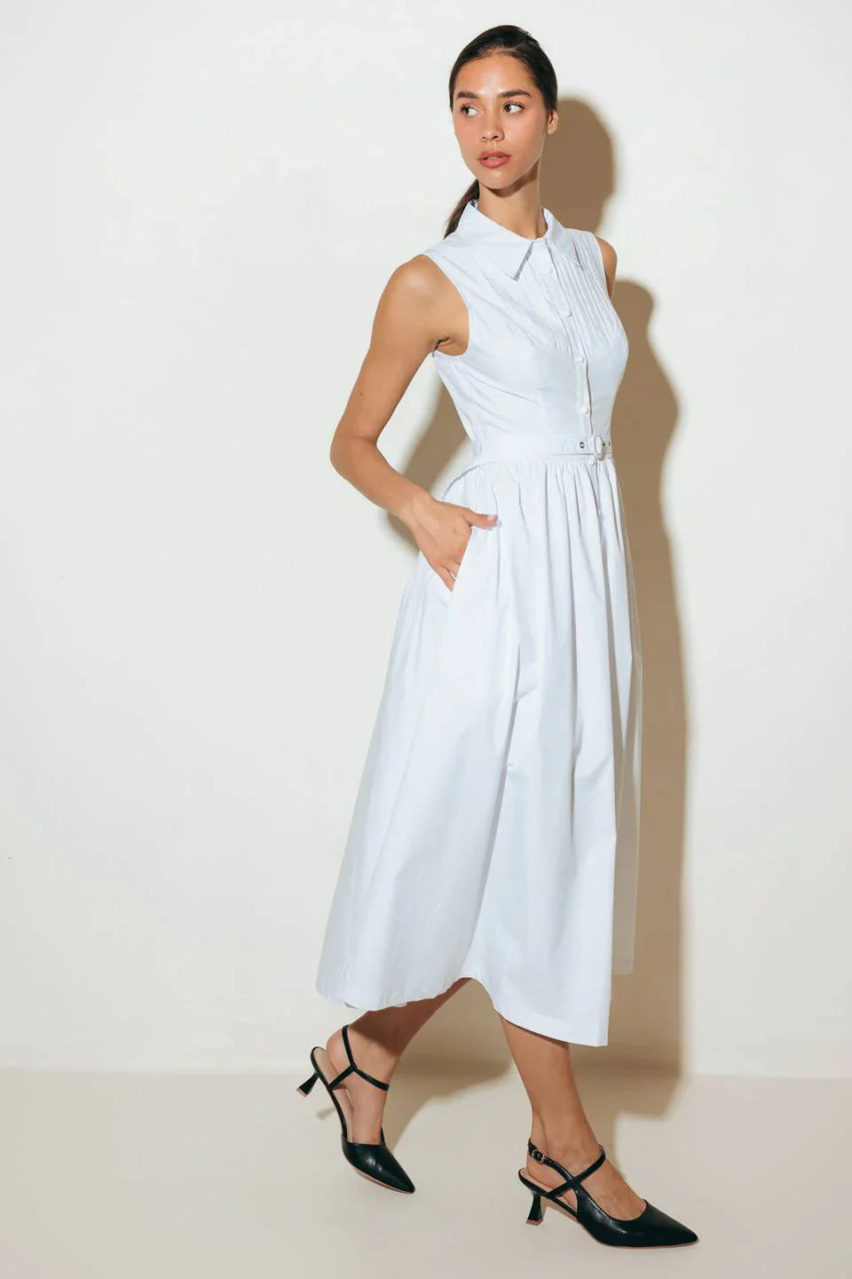 NORTH EAST MIDI White Cotton Pintuck Midi Shirt Dress