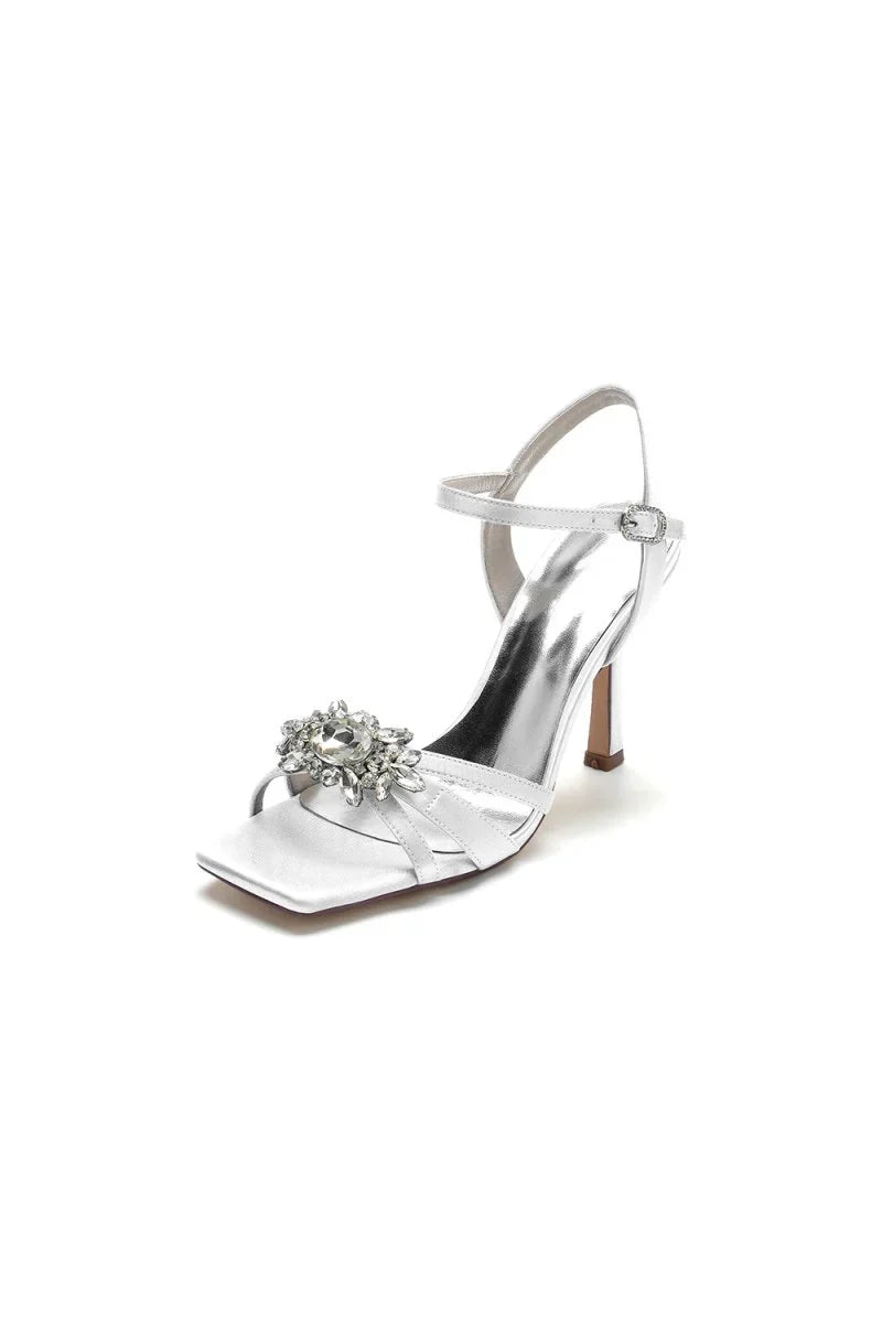 Buckle Strap Crystal Flowers Square Open Toe Chunky Heels