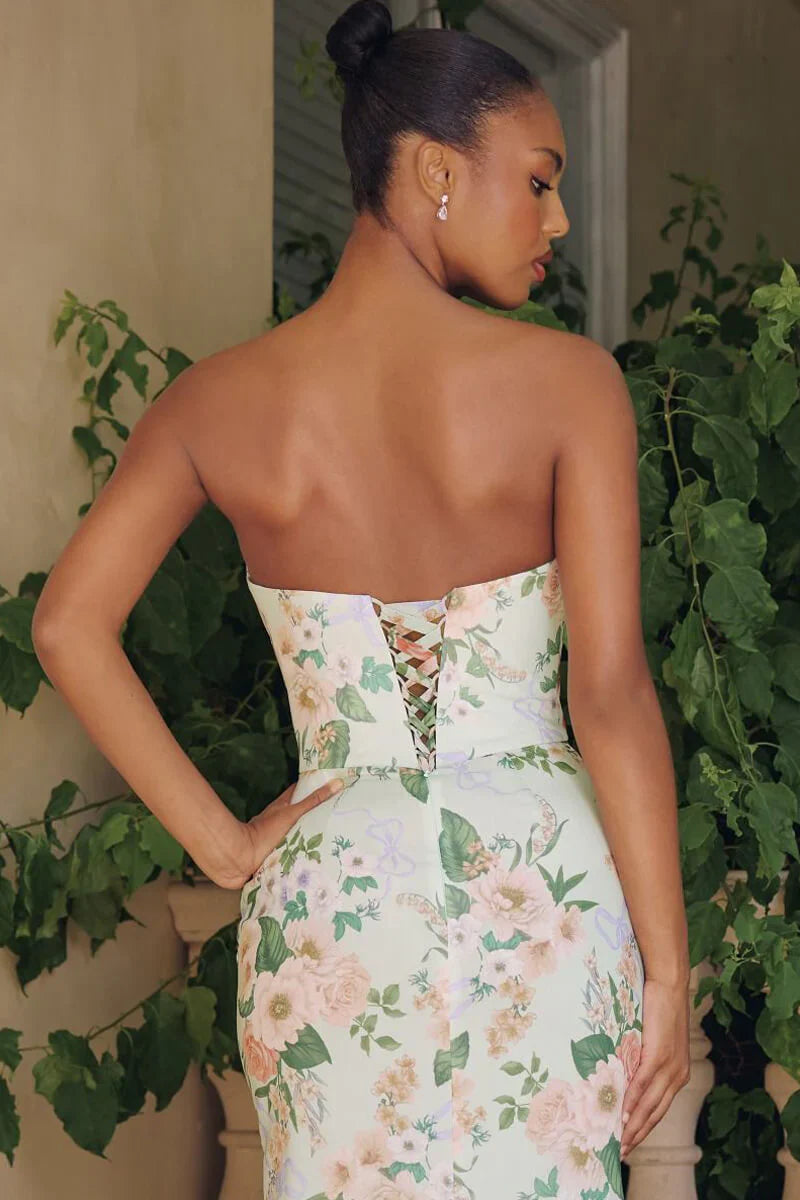 BRIANNA GOWN STRAPLESS SAGE FLORAL CHIFFON GOWN WITH SCARF