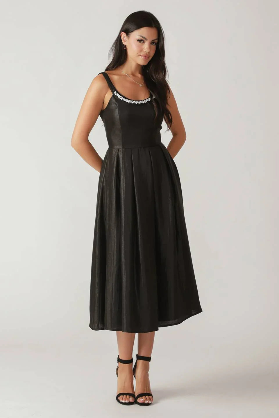 PEARL TRIM BLACK SATIN MIDI DRESS FINAL SALE