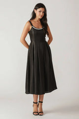 PEARL TRIM BLACK SATIN MIDI DRESS FINAL SALE
