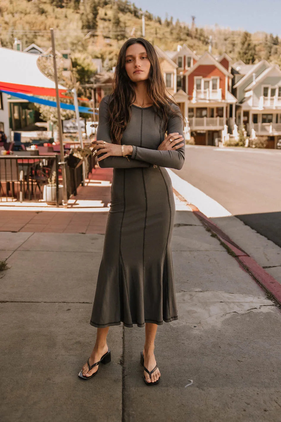Fiona Ribbed Godet Dress in Charcoal FINAL SALE