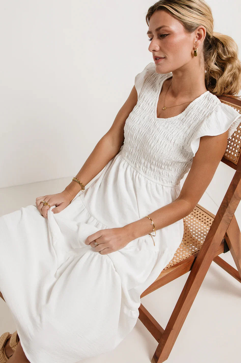 Rain Smocked Midi Dress in White FINAL SALE