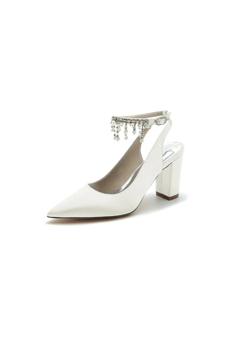 Pointed Toe Satin Chunky Heels With Pearl Tassel