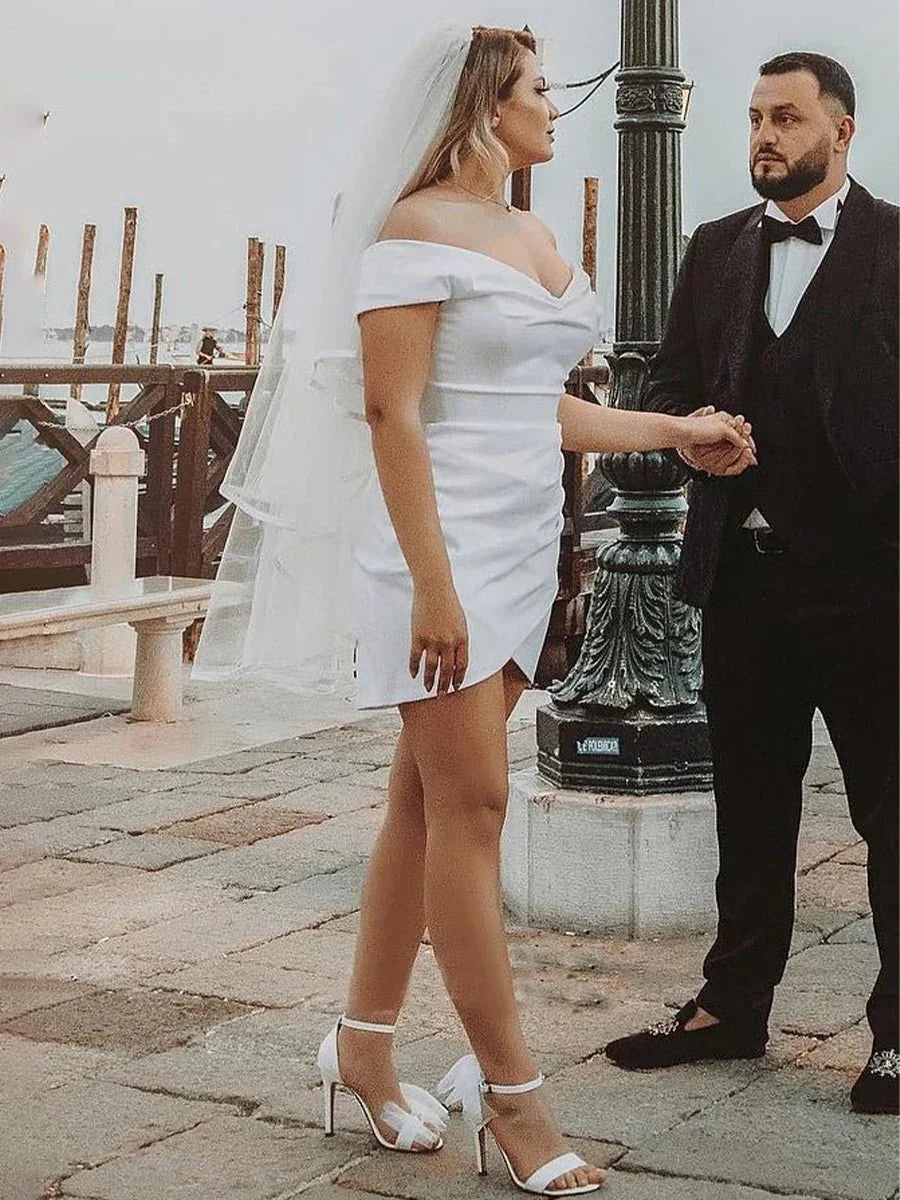 Sheath Off the Shoulder Satin Simple Wedding Dress Sleeveless Short Hemline