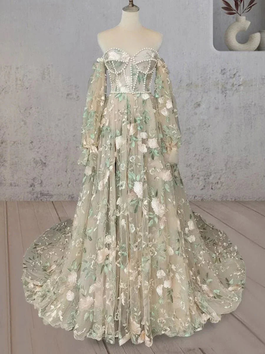 A Line Light Green Sweetheart Pearl Wedding Dress