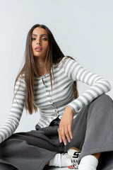 Mia Button Up Top in Striped Grey
