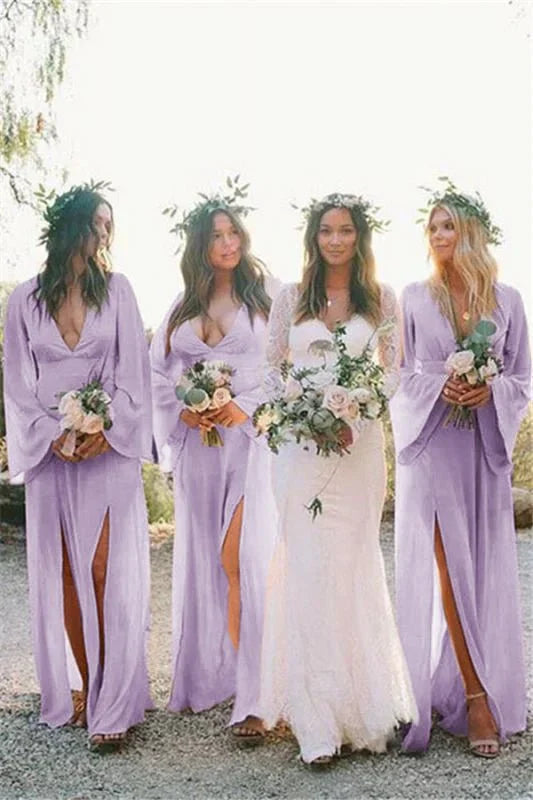 Boho A Line Deep V Neck Long Sleeves Light Bridesmaid Dresses
