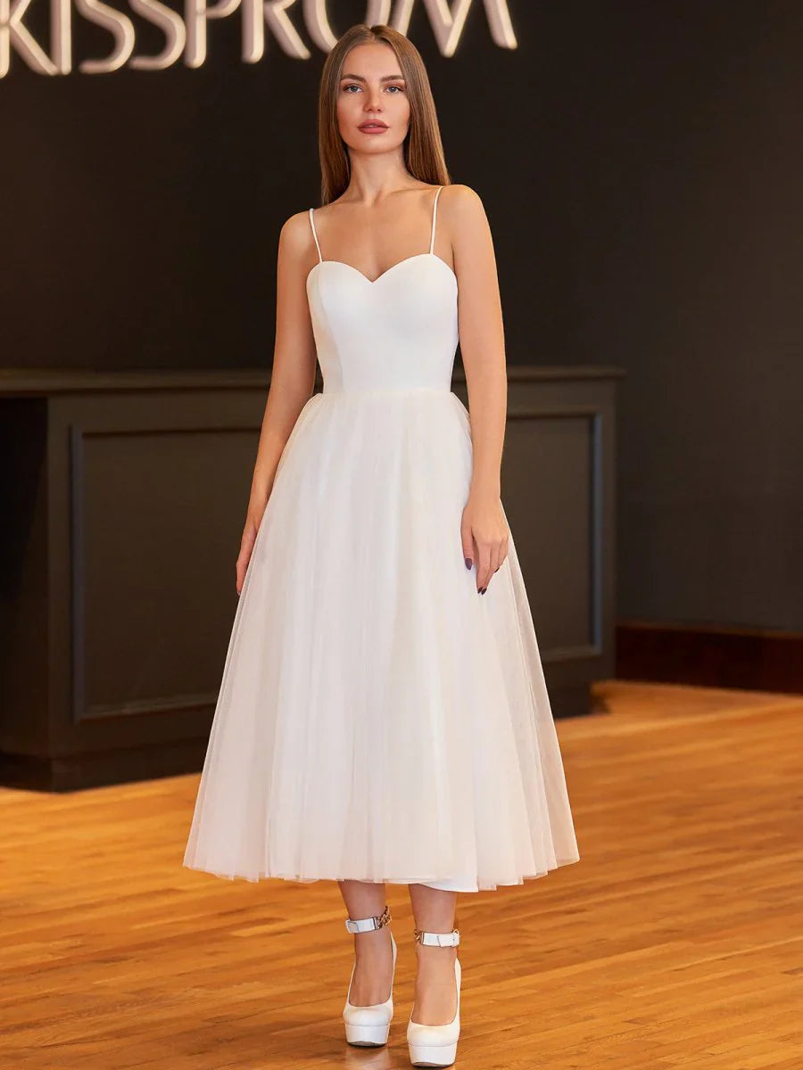 A Line Spaghetti Straps White Satin Tulle Tea Length Wedding Dresses
