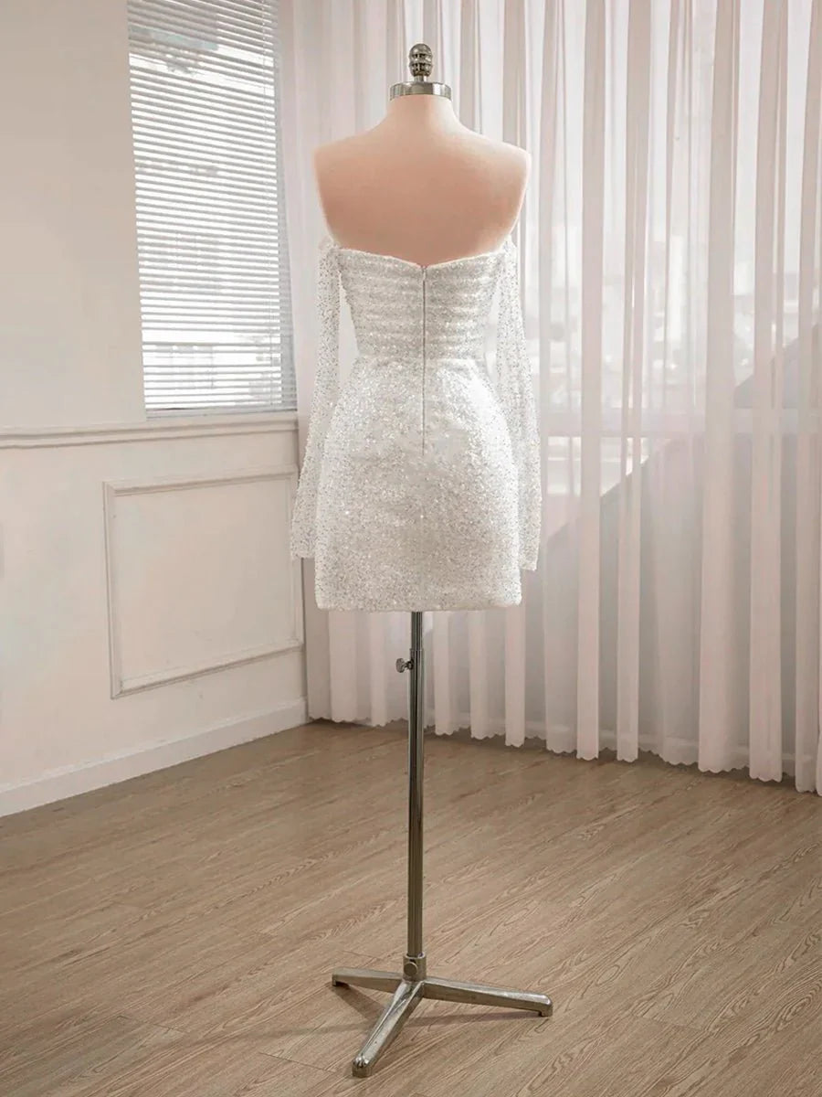 Chic Short Sequined Backless Wedding Dress With Long Detachable Sleeves