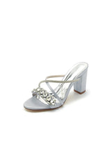 Silver Satin High Heels with Crystal and Metal Embellishments